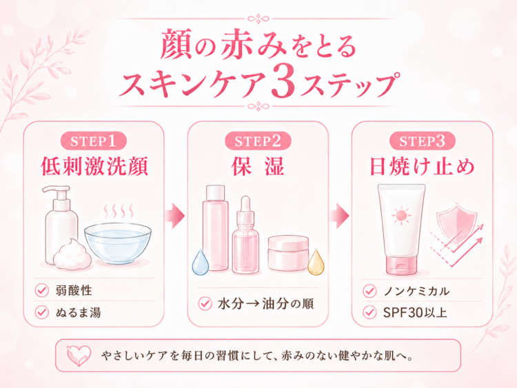 赤みをとるスキンケアの3ステップ